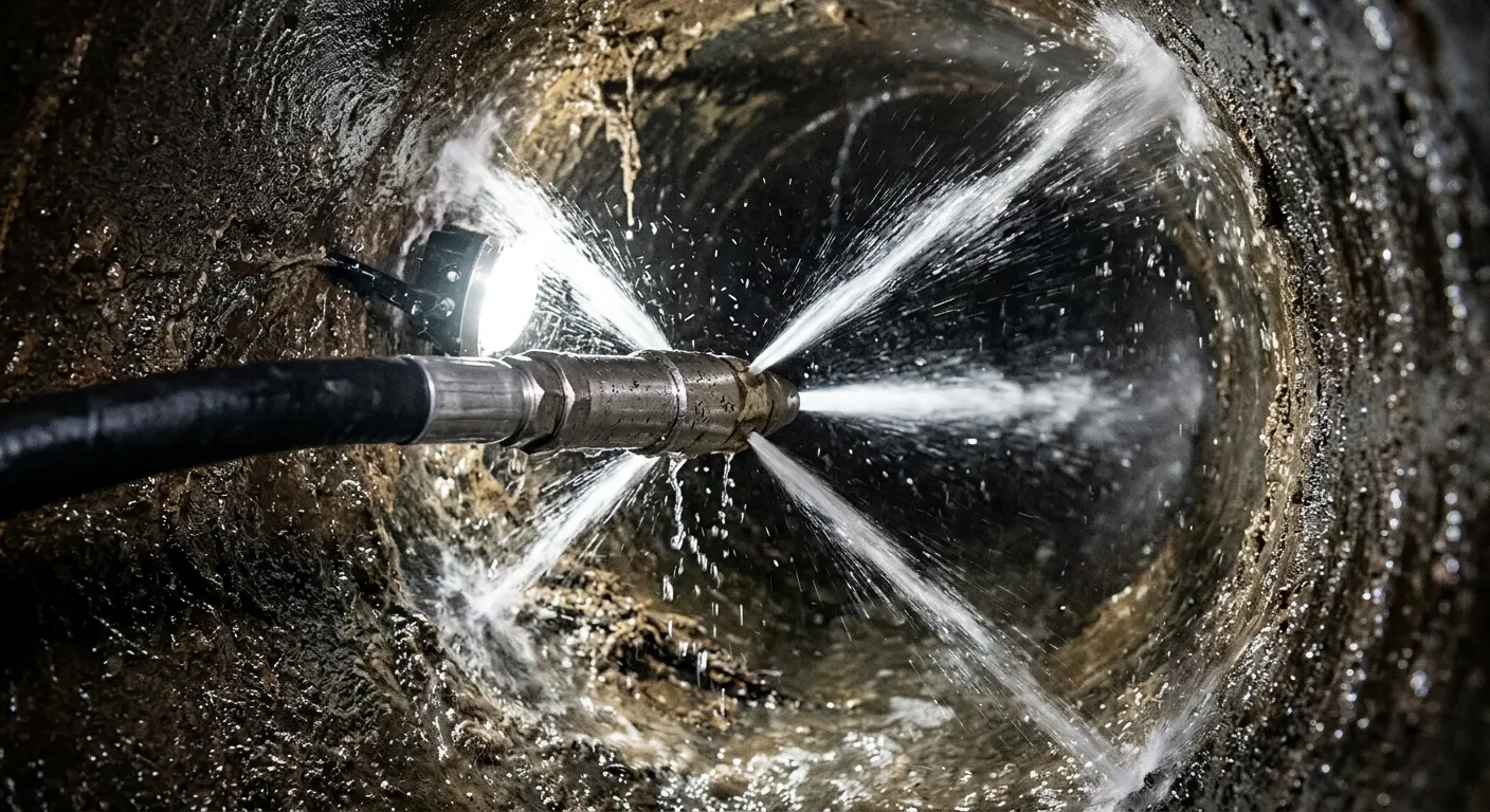 High-pressure hydro jetting nozzle cleaning sewer pipe for Storm Drain Cleaning in Spokane Valley