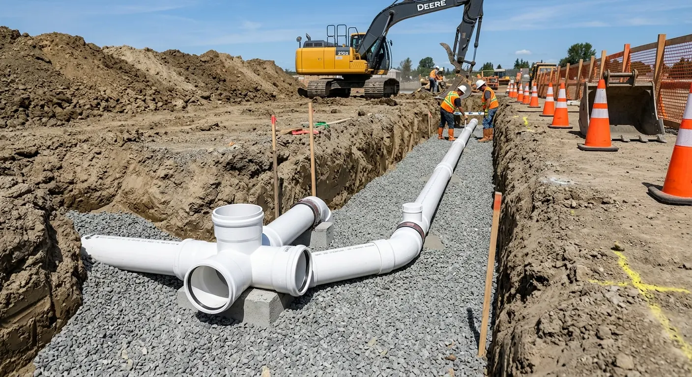 New PVC sewer pipe installation in open trench for Commercial Drain Cleaning in Spokane Valley