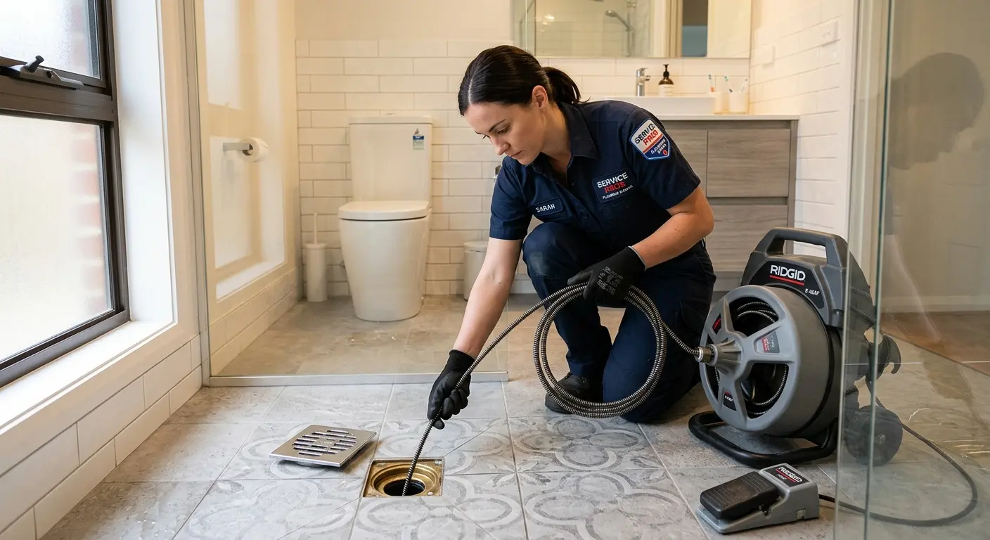 Technician clearing a bathroom floor drain for Clogged Drain Repair in Spokane Valley